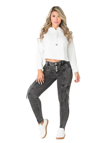 महिलाओं के लिए फैशनेबल वॉश ब्लैक और ग्रे फ्रंट बटन सजावटी स्ट्रैप, स्ट्रेच स्लिम बट टकिंग कैज़ुअल नाइन-पॉइंट जींस 8 best sales ग्रे पैंट - №6