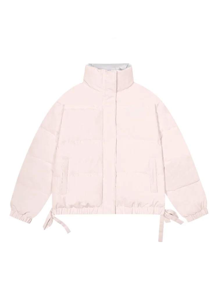 

Sweet Sle Pink Plaid Knot down Cotton Jaet Women's Winter Warm ort Thiened Bread Sle Stand Collar Coat
