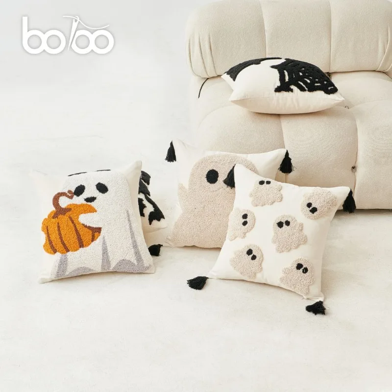 ปลอกหมอนอิงลายผีสำหรับโซฟา ปลอกหมอนปักลายฟักทองขนาดเล็กพร้อมซิป ของตกแต่งบ้านสำหรับวันฮาโลวีน