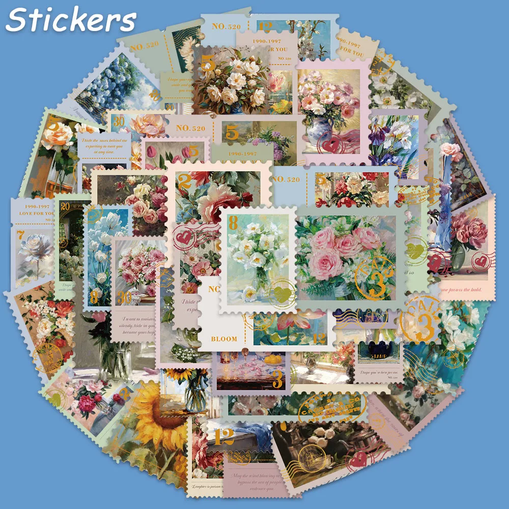 50PCS Oil Painting Style Floral Stickers Retro Graffiti Decals For Laptop Luggage Water Cup Notebook Jukebox Waterproof Stickers