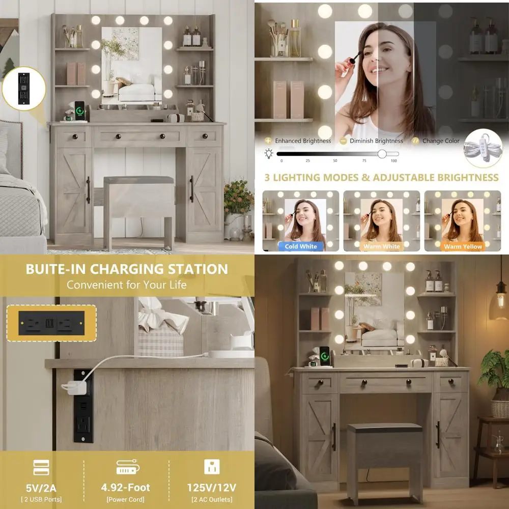 مكتب زينة كبير على طراز المزرعة مقاس 43 بوصة مع مرآة وأضواء وأدراج تخزين ومحطة شحن