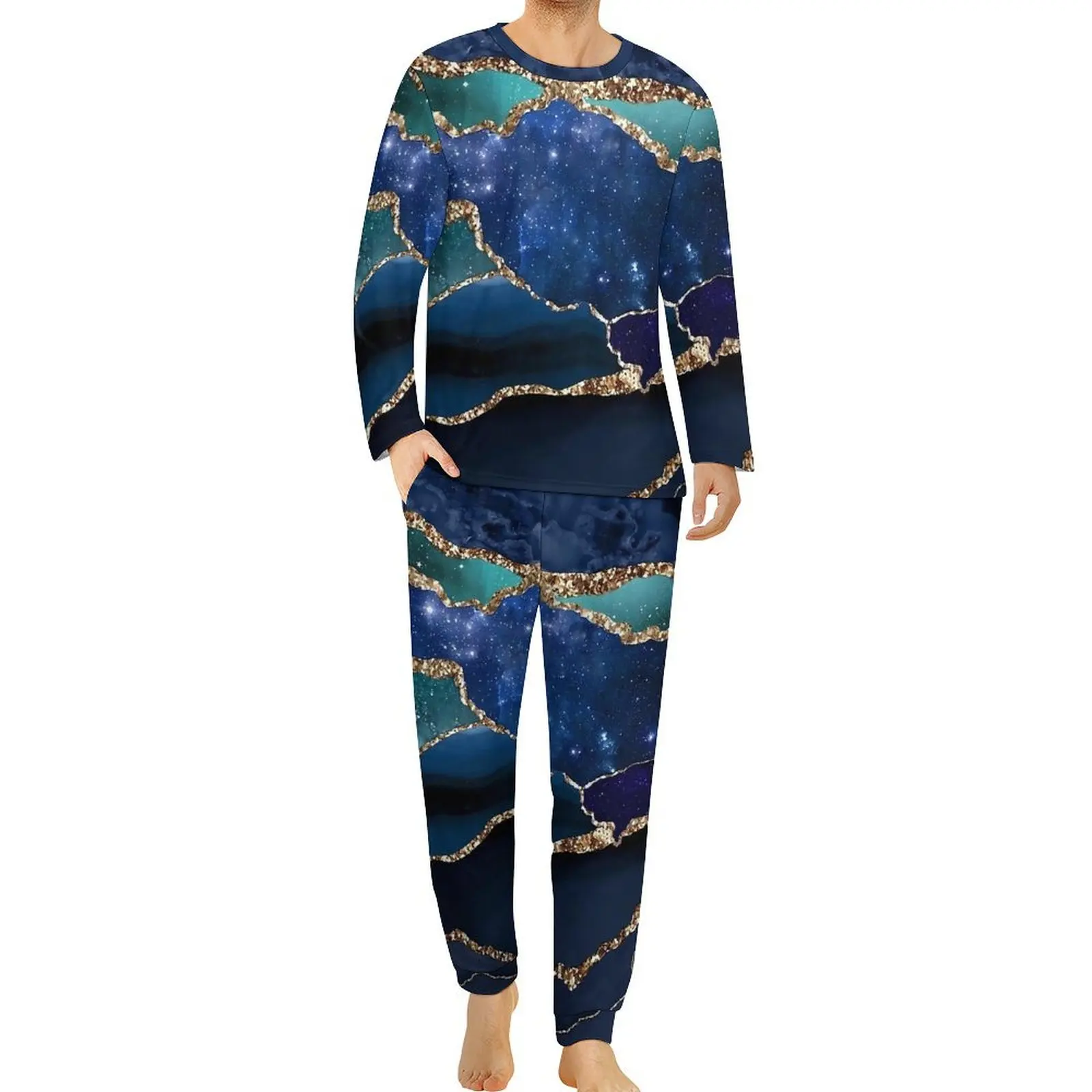 Blue And Gold Marble Galaxy Pajamas Male  Lovely Nightwear Spring Long-Sleeve 2 Pieces Casual Graphic Pajamas Set Big Size