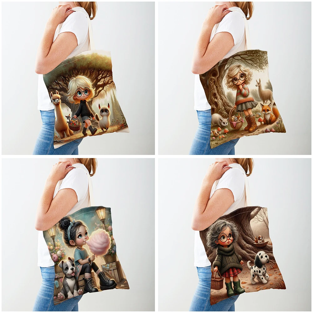 Canvas Women Shopper Bag Cute Cartoon Girl Shopping Bags Double Print Reusable Foldable Children Gift Travel Lady Tote Handbag