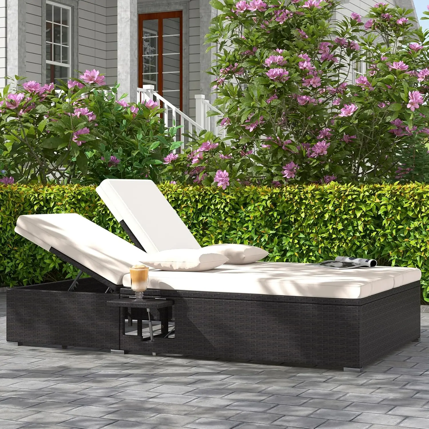 PE Wicker Double Chaise Lounge with 6-Position Backrest, Cushions & Foldable Cup Trays, 2-Person Outdoor Sunbed, Customized