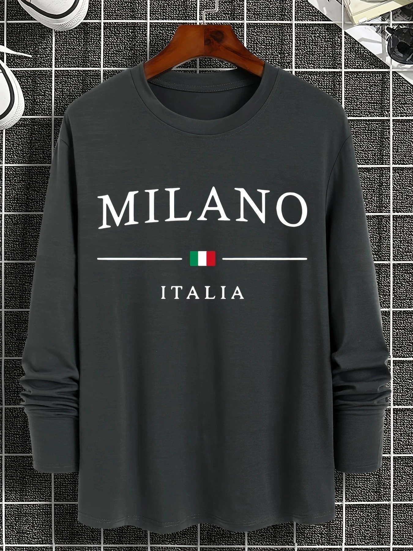 100% pure cotton men's long sleeved round neck loose casual MILANO ITALIA printed spring and autumn versatile T-shirt top
