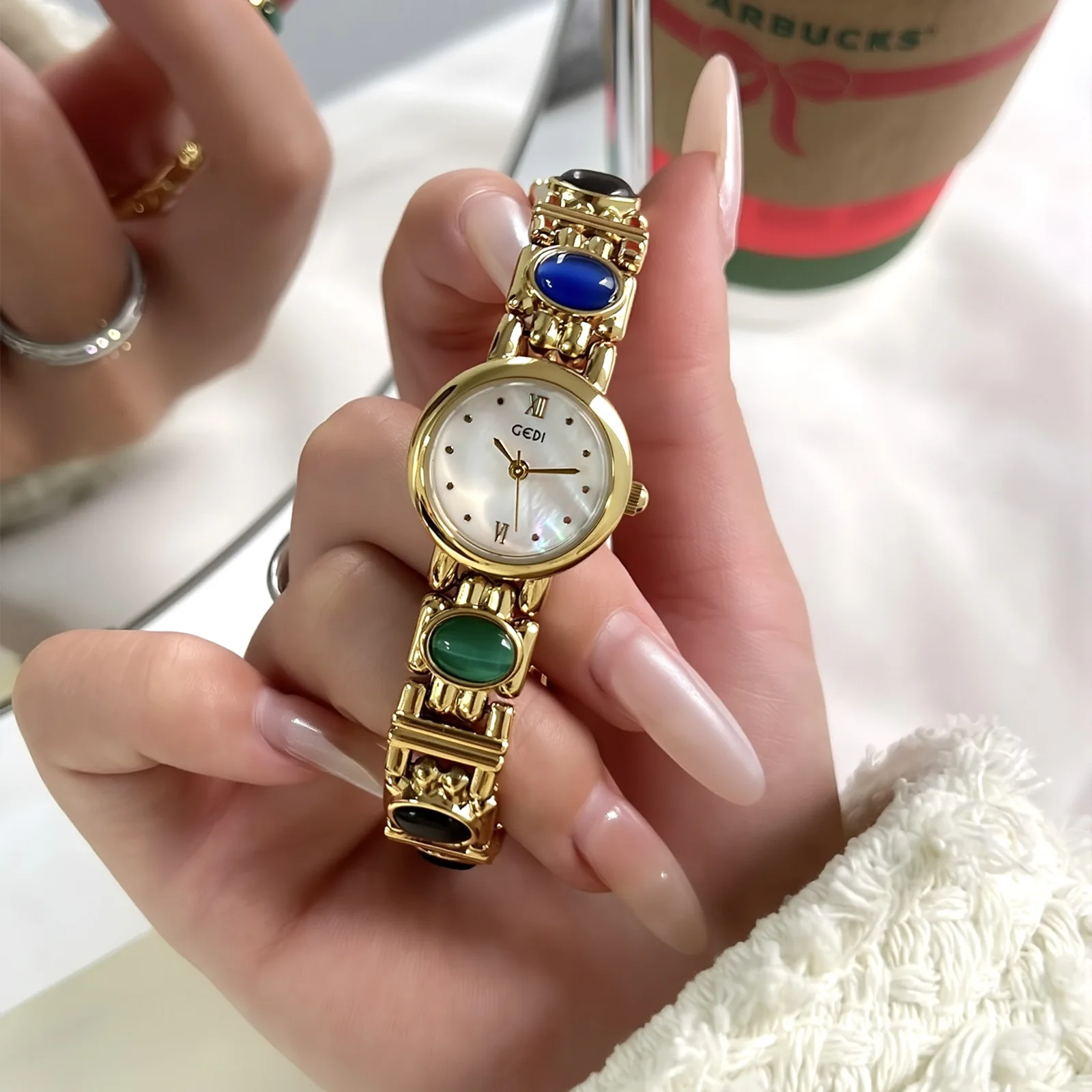 Ladies' watches luxury brand high-end retro colored cat eye stone bracelet waterproof wristwatch women's gifts