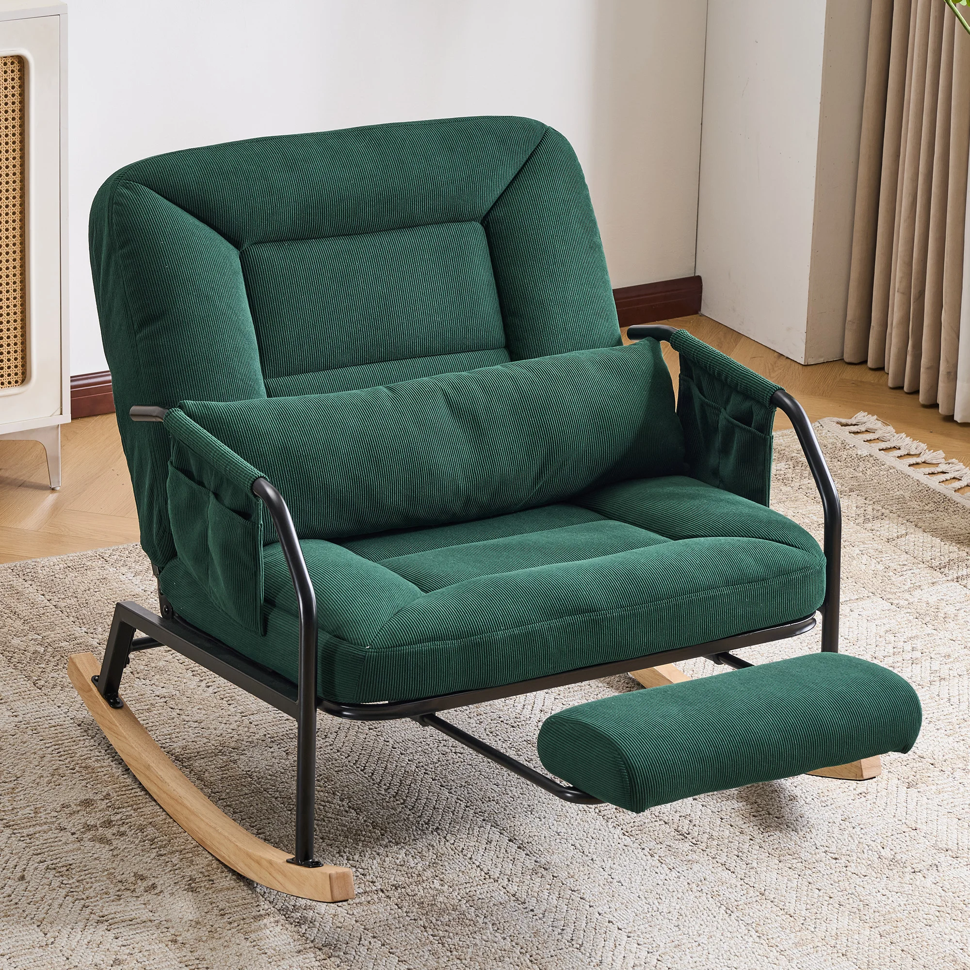 Übergroßer Schaukelstuhl mit Fußstütze, gepolstertem Kissen, verstellbarer Rückenlehne, Metall-Holzgestell, für Innen- und Außenbereich, Wohnzimmer, Schlafzimmer, Balkon, Veranda, Cord, Grün