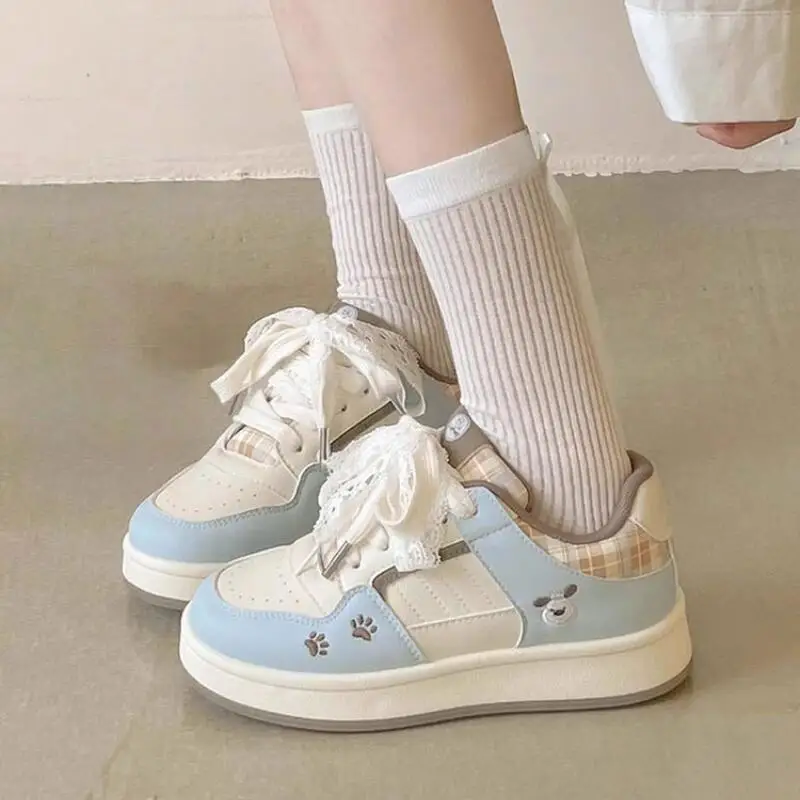

Women's Cute Cartoon Sneakers Multicolor Plaid Casual Shoes Fashion Animal Paw Print Lace-Up Shoes for Daily Matching & Walking