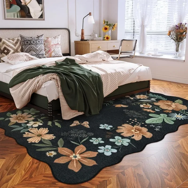 Floral Rugs for Living Room, 5x7 Area Rugs Ultra-Thin Soft Washable Rug, Non-Slip Bedroom Rug Stain Resistant Lightweight Boho