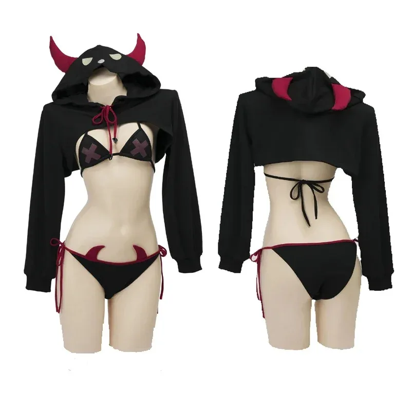 

Punk Devil Girls Bikini Set Hoodie Crop Top Long Sleeve Halloween Cosplay Underwear Nightgown Role Play Student Outfits Lingerie