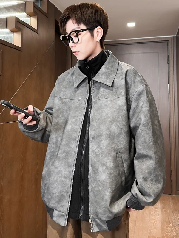 

Casual Warmth PU Leather Jaet Men's Autumn Winter American Sle Loose Fit Fce Lined Biker Coat with Stand Collar