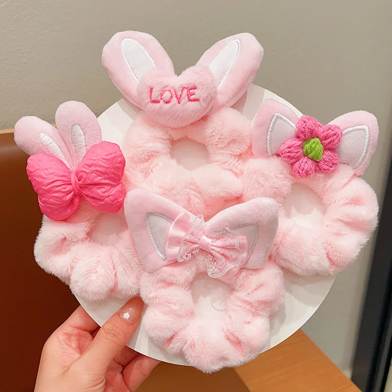 

1/4pcs new rabbit ears hair bands plush knitted flowers headband cute sense sunflower cotton girls leather band