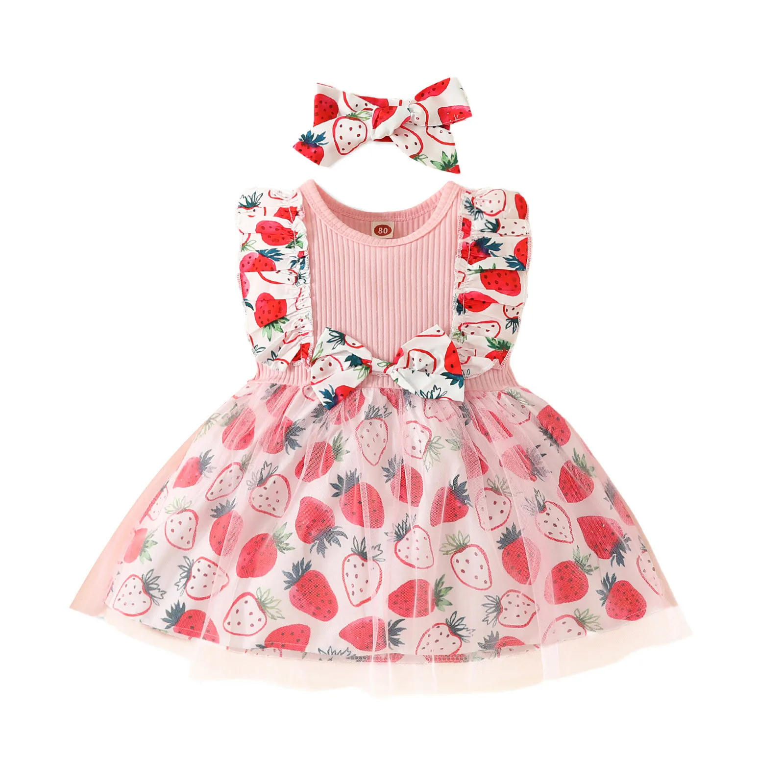 Sweet Baby Strawberry Dresses For Girls Fly Sleeve Lace Tulle Dress Newborn Princess Party Dress Summer Baby Clothing 0-3Y