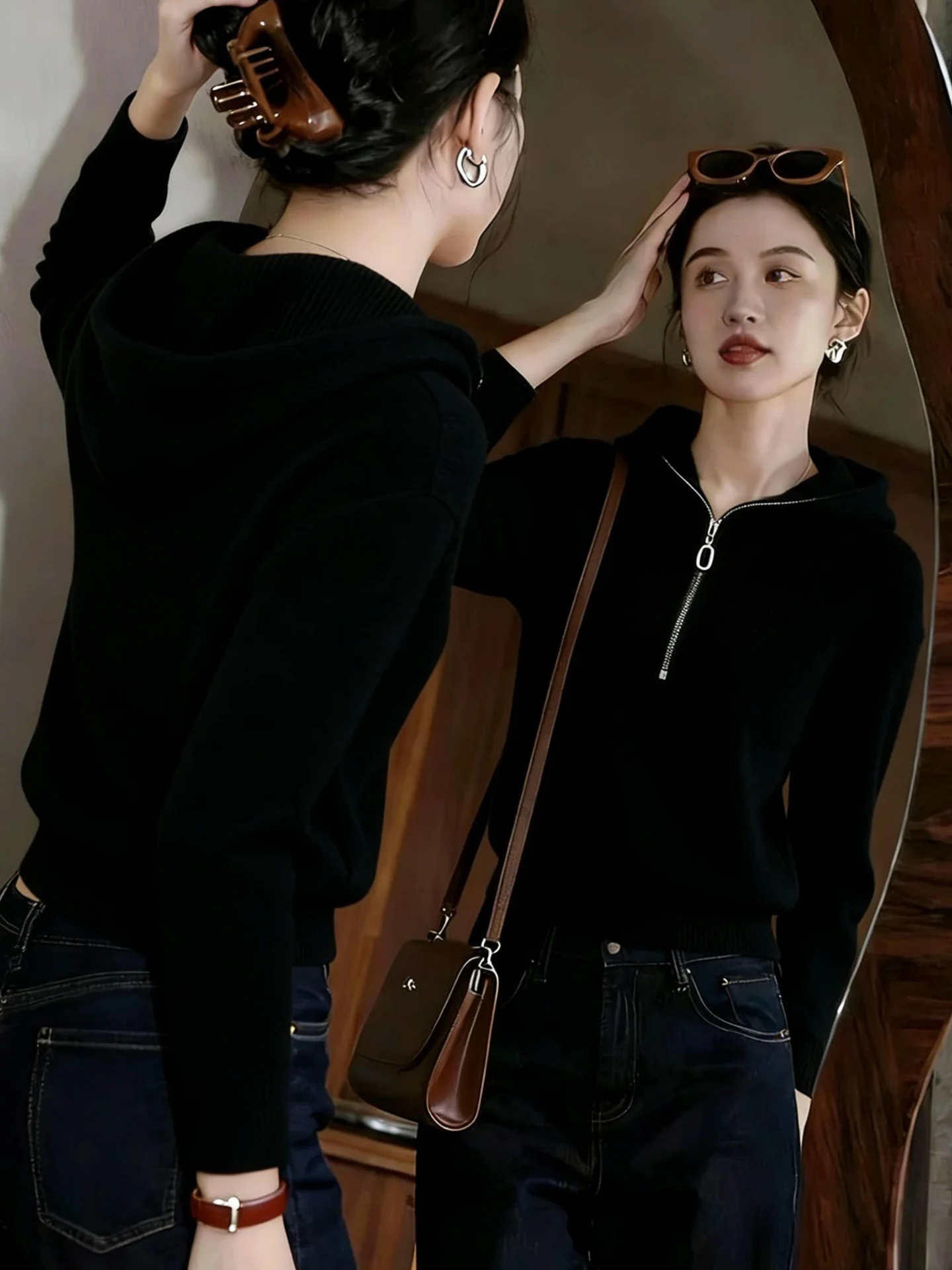 Faionable preguiçoso sle malhas com capuz fino ajuste longo sve feminino irt casual luxo f zíper outono inverno malha topo