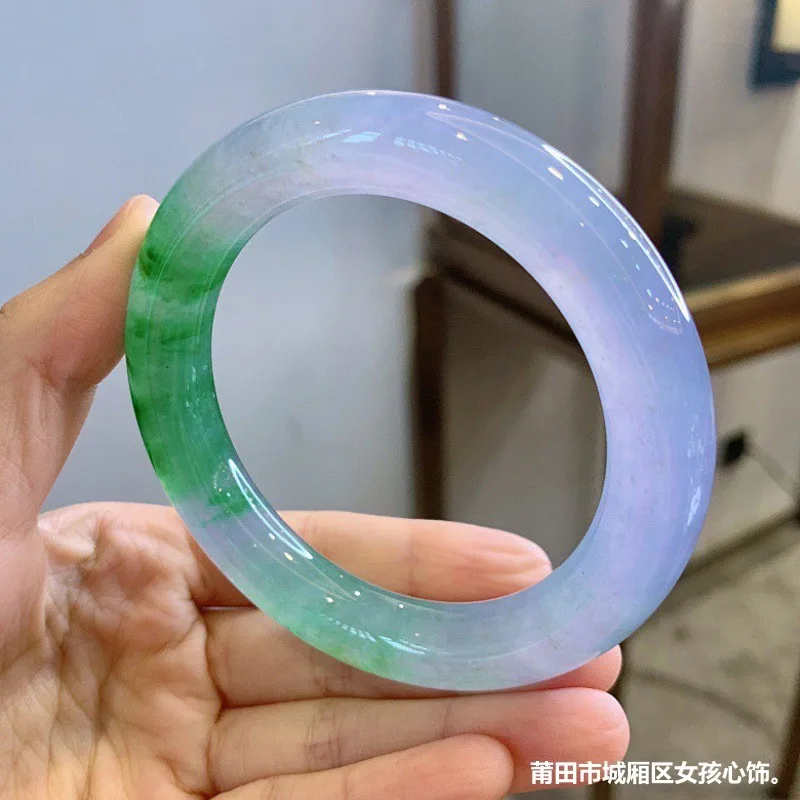 Natural Burmese ice-type spring-colored violet jade bracelet with floating patterns featuring a bright green