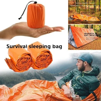 ชีวิตกลางแจ้ง Bivy ถุงนอนฉุกเฉินความร้อนอุ่นกันน้ำ Mylar First Aid ฉุกเฉินผ้าห่ม Camping Survival Gear