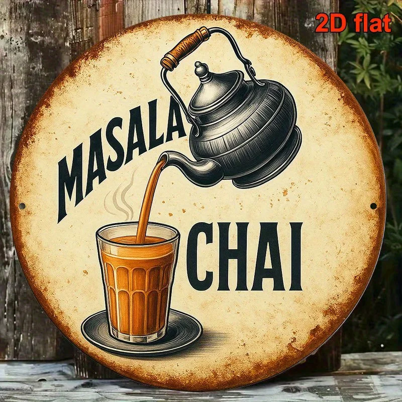 2D Flat, 1pc Vintage Masala Chai Tea Metal Sign - 8-Inch Round Aluminum Indian Chai Wall Art with Masala Tea Recipe Design