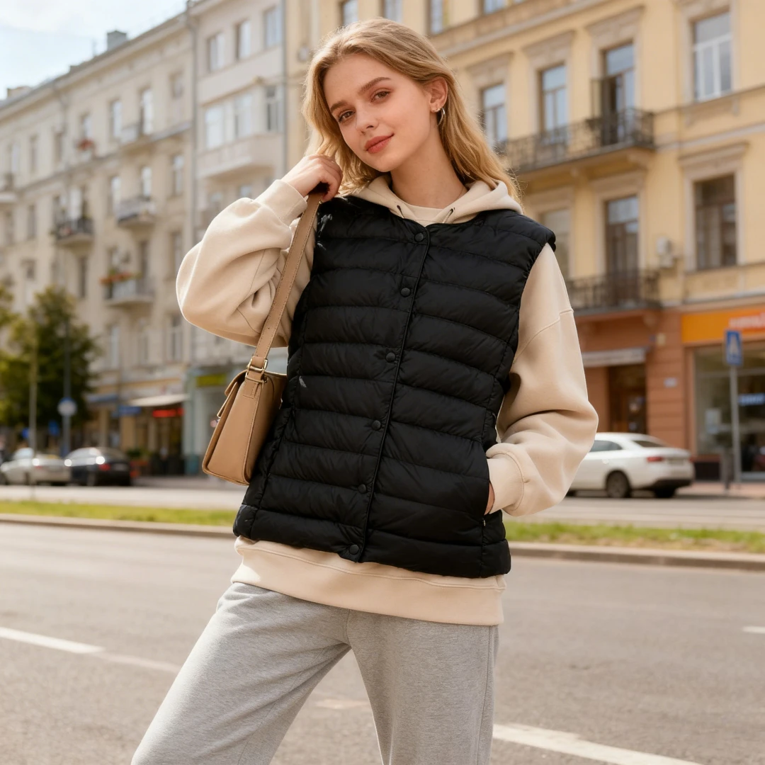 Пуховые жилеты, женская зимняя куртка-пуховик, парки с круглым воротником, однобортное ветрозащитное пальто, верхняя одежда, сверхлегкое пальто