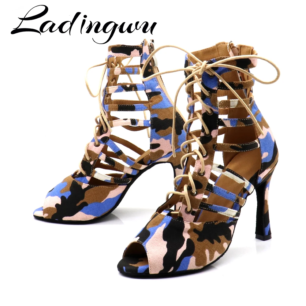 Ladingwu New Latin Dance Shoes Salsa Dance Shoes Women Latin Soft Bottom Dance Boots Ballroom Dance Shoes Camouflage  Denim