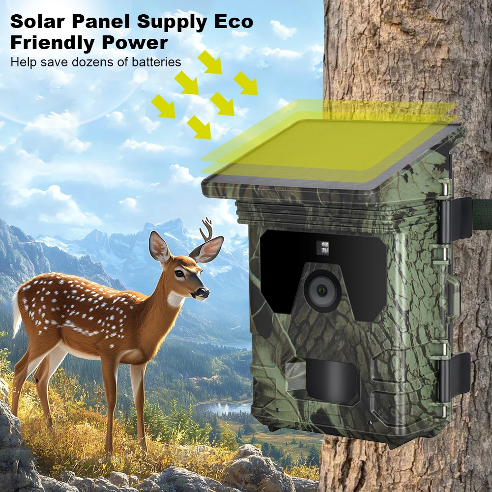 Solar Trail Camera 20MP 1080P Outdoor Wildlife Cameras Infrared Night Vison Motion Activated 0.3S Trigger for Wildlife Scouting