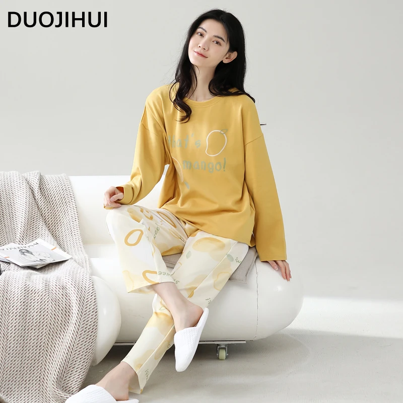 DUOJIHUI Autumn Contrast Color Casual Home Pajamas for Women Basic O-neck Pullover Loose Simple Pant Fashion Female Pajamas Set