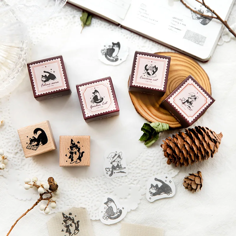 1Pc Cute Little Black Cat Decoration Stamp Retro Wooden Rubber Stamps for Scrapbooking Stationery Diy Craft Standard Seal