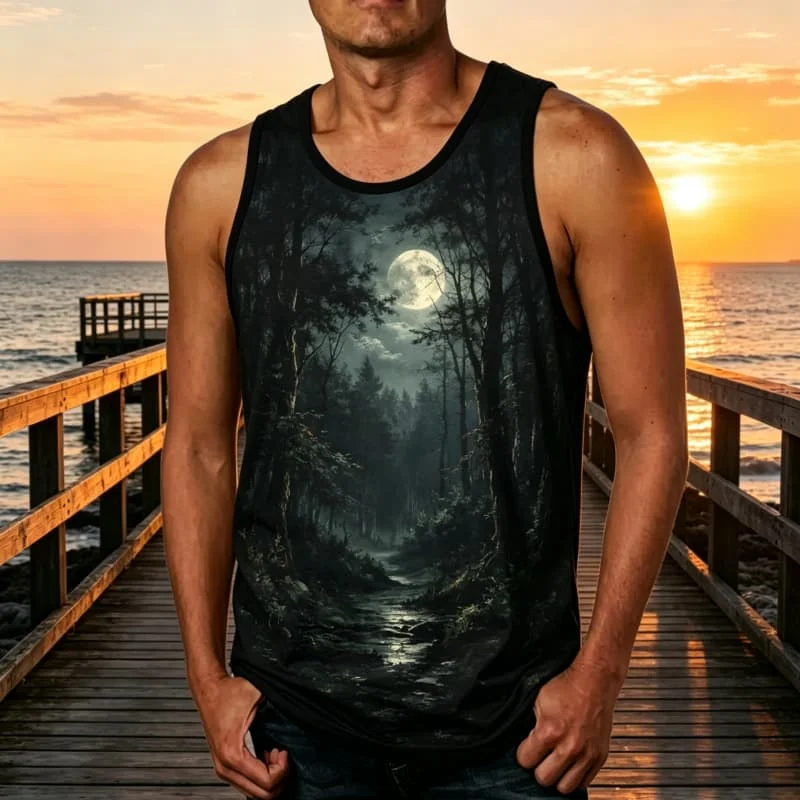 Men's Landscape Oil Painting Printed Sleeveless Tank Tops, for Evening Outings, Pool Parties & Everyday Summer Matching