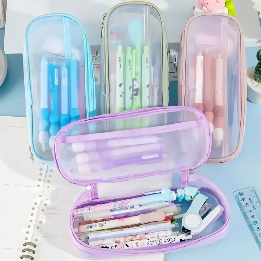Double Layer Mesh Pencil Case Lightweight Multi-Purpose Transparent Pens Pouch Large Capacity Aesthetic Bag