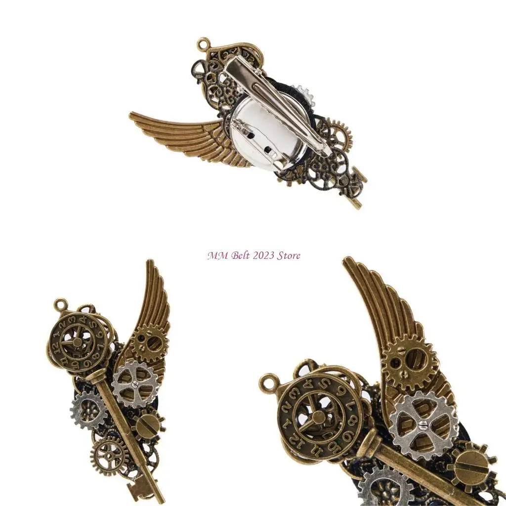 

49ME 2in1 Steampunk Gear Wing Hair Clip Brooch Metal Lapel Pin for Banquets