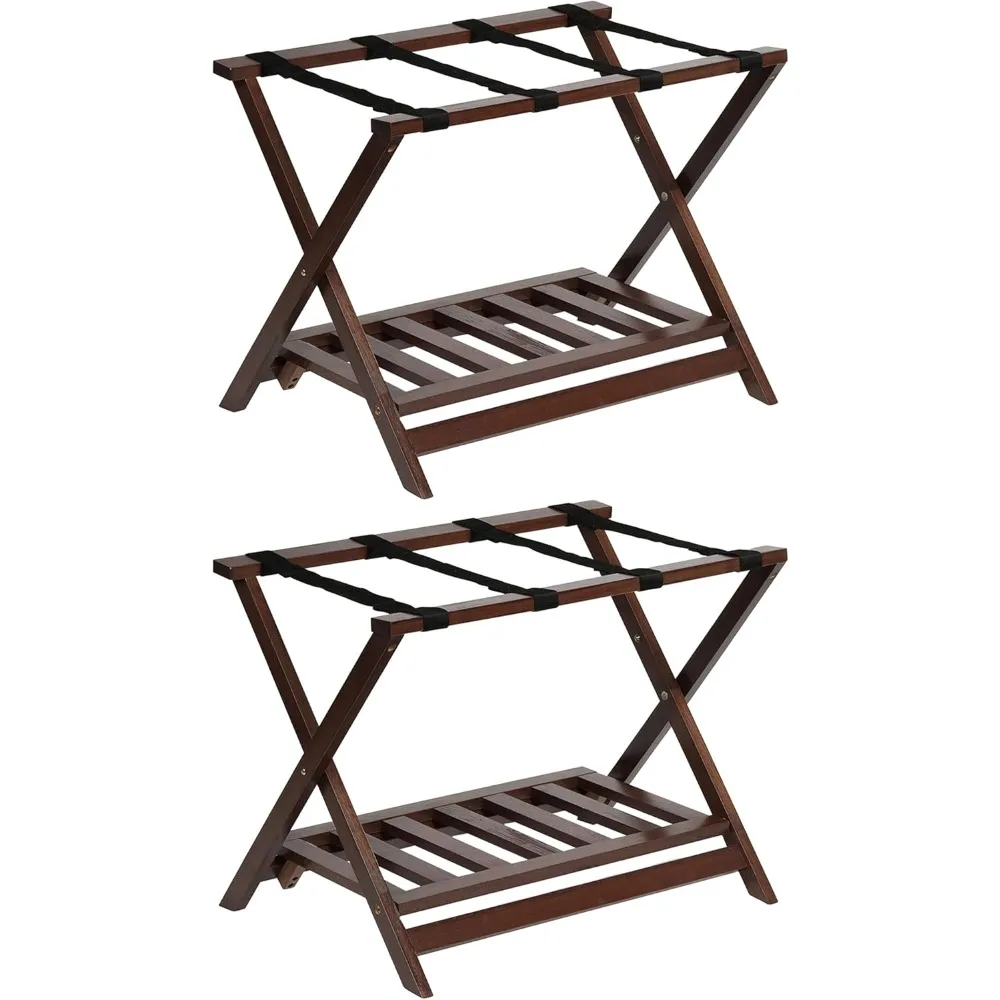 

PJ Wood Portable Solid Walnut Folding Luggage Rack w/Bottom Shoe Storage Shelf for House Guests or Travel, (2 Pack）