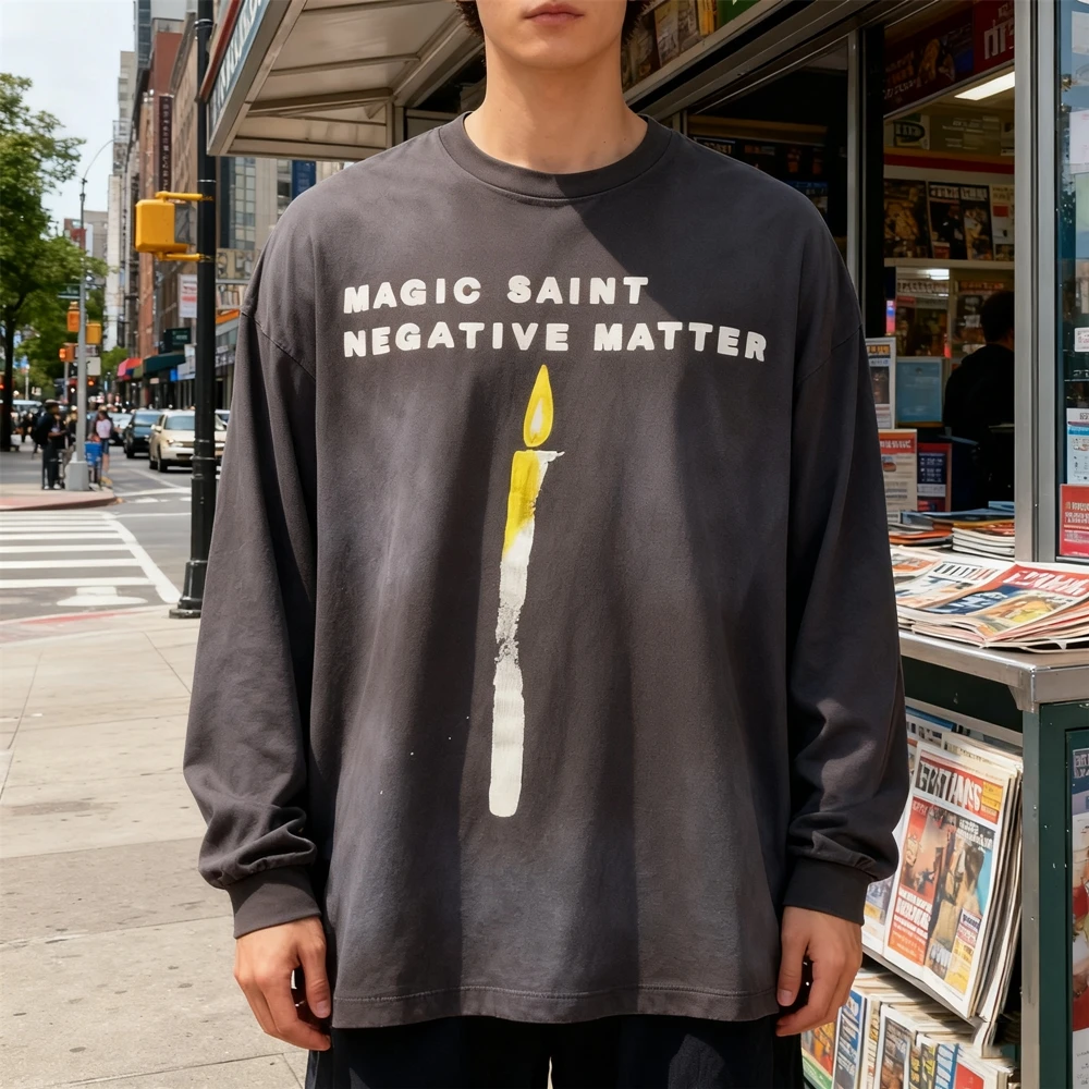 

KUCLUT 1:1 SAINT Men Clothing Streetwear Vintage Printed Long Sleeves Tee Oversize Loose Tops Vintage T Shirt Men Woman