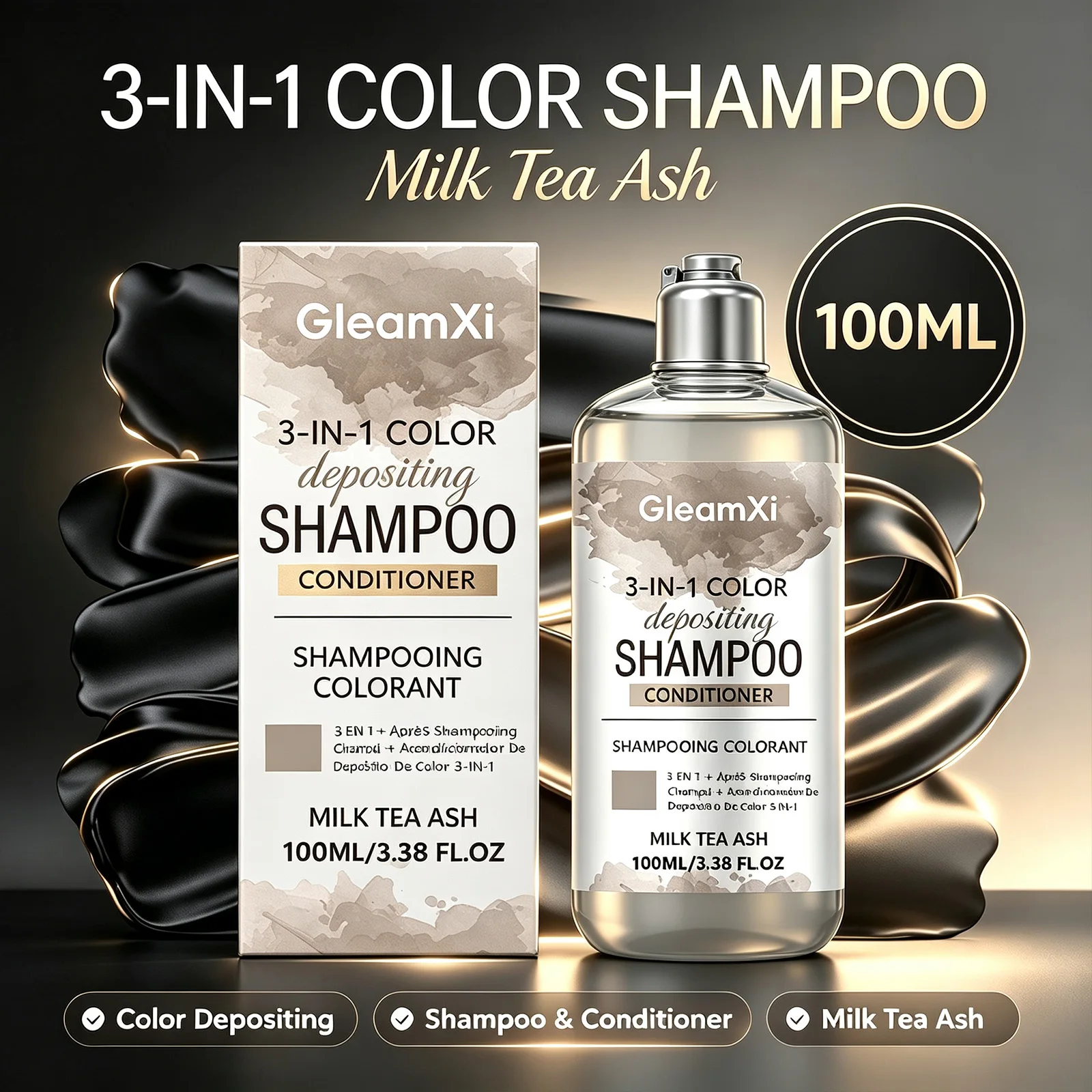 GleamXi 3 in 1 Hair Color Shampoo Milk Tea Ash Depositing Color Conditioning Natural Shine Volumizing Shine Booster Care 100ml