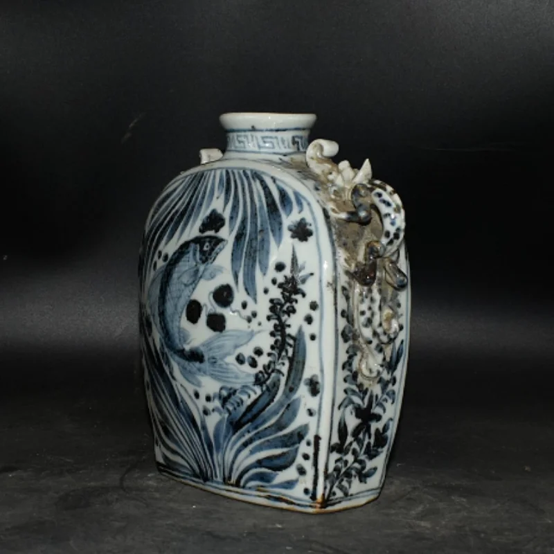 Vintage Blue and White Porcelain Flat Vase with Fish & Waterweed Motif - Traditional Oriental Artwork, Desktop Decor & Collect