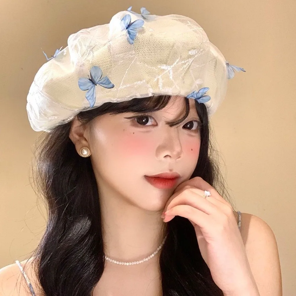 Fashionable Three-dimensional Butterfly Beret Mesh Embroidery Knitted Hat All-match Women's Beret Summer