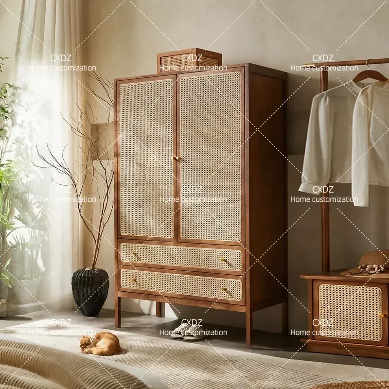 Solid Wood Rattan Double Door Wardrobe Modern Retro Bedroom Storage Closet Coat Cabinet Furniture