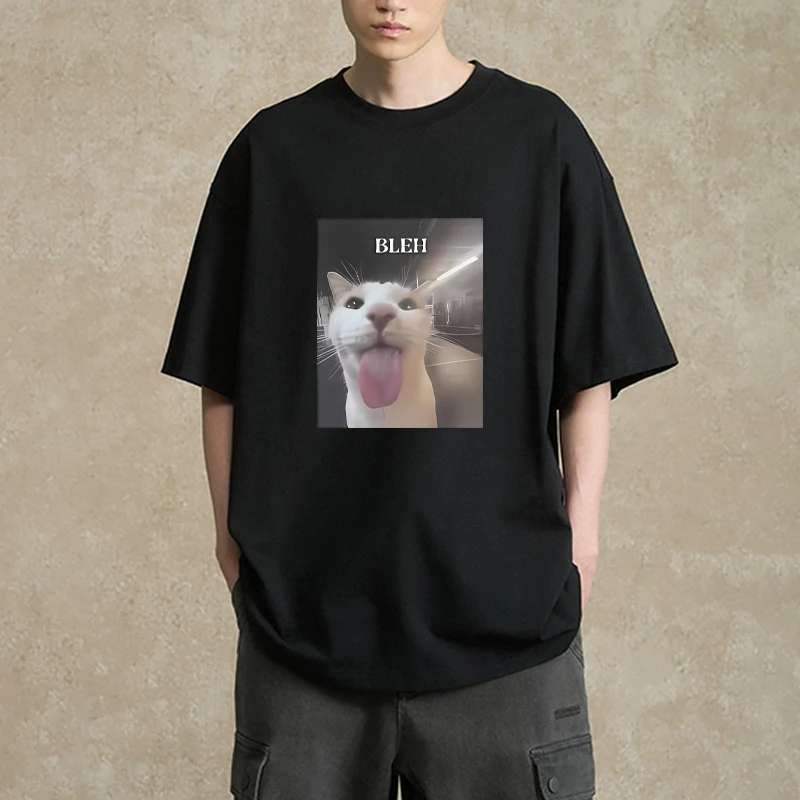 

Bleh Funny Cat Meme Graphics printed short sleeve T-shirts Men Women Summer Fashion Cotton T shirt Casual High Quality clothing