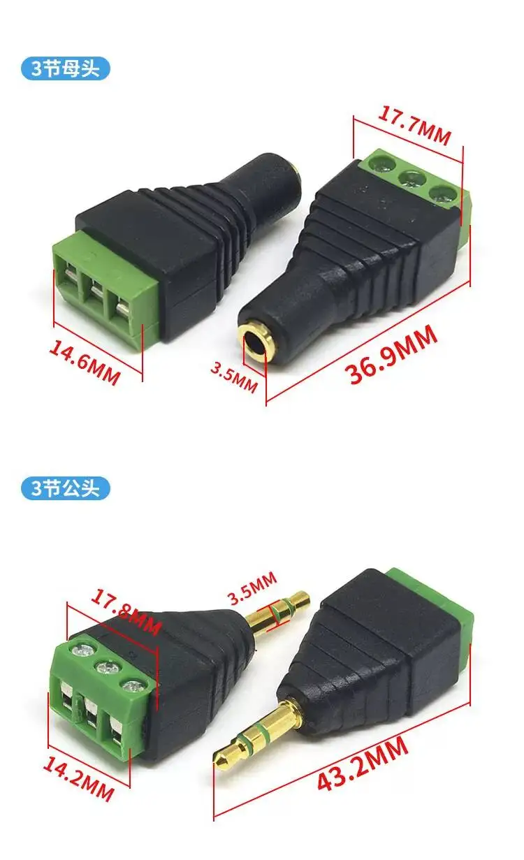 2 Stück 3,5-mm lötfreier, vergoldeter Anschlussblock Kopfhörer-Audio-Stecker Buchsenadapter Dual-Channel 2/3/4-polig – Detail 2