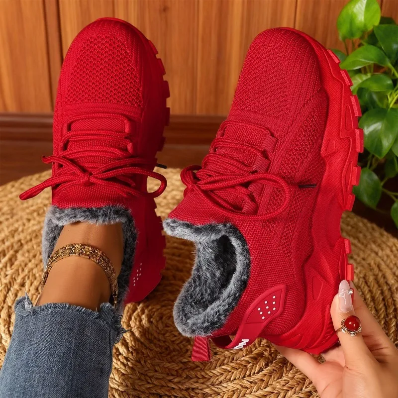 Sepatu kets wanita sepatu olahraga hangat musim dingin sol anti selip cocok untuk cuaca dingin sepatu olahraga jalan kaki di luar ruangan sepatu kets wanita