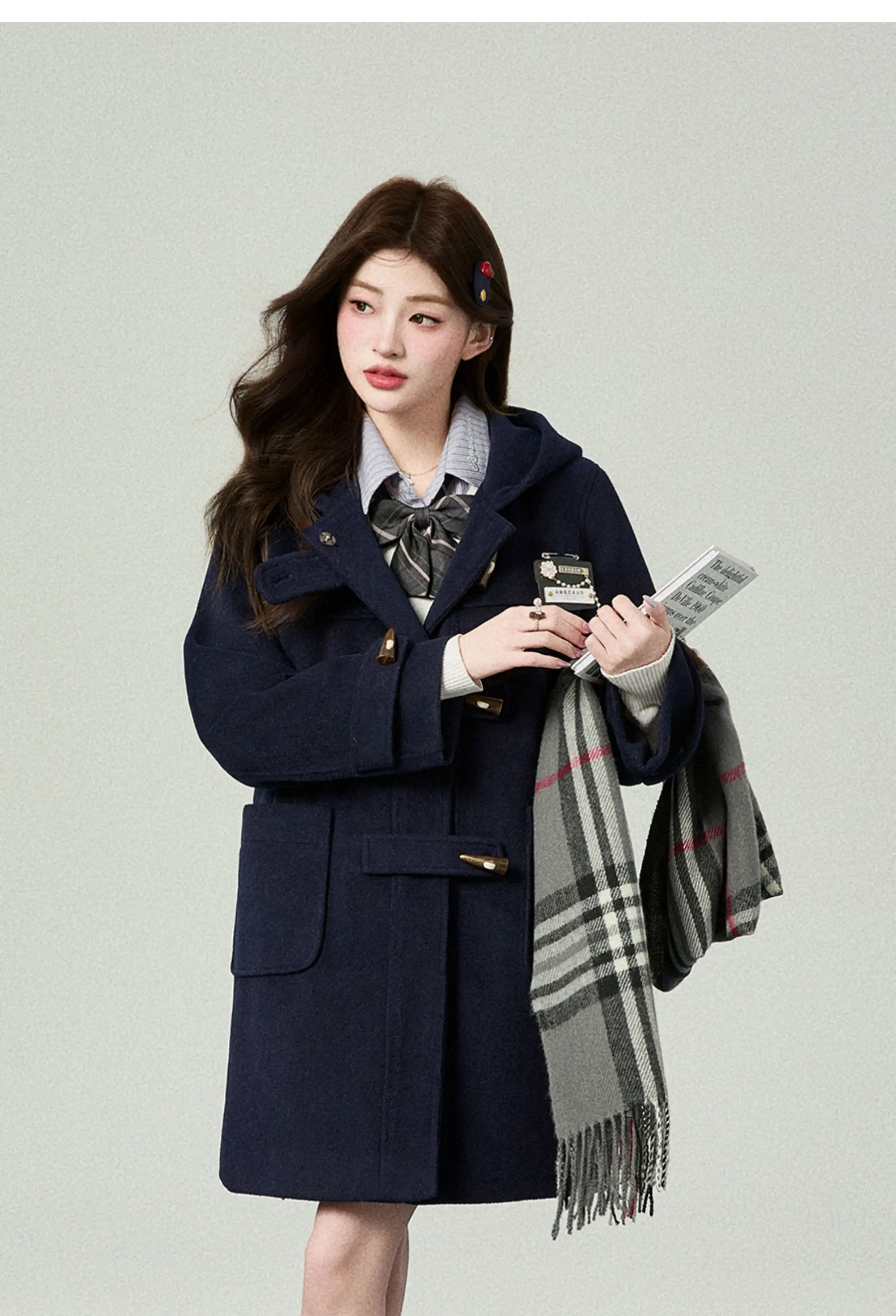 秋冬新作 韓国風 カレッジ風 ホーンボタン ホワイト ピンク ミドル丈 ウールコート ルーズ カジュアル グレー フード付き 中綿ジャケット