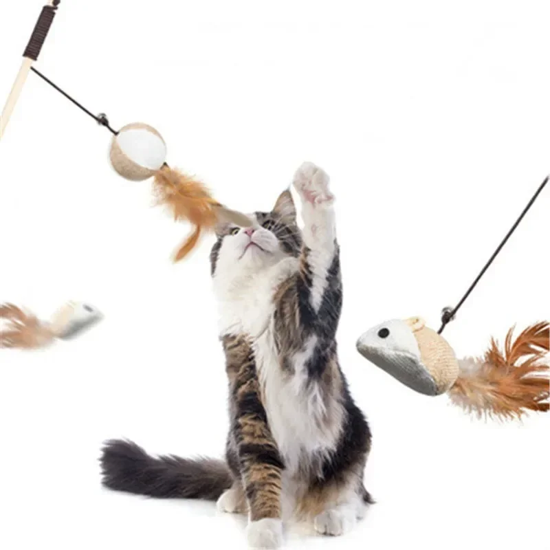 40cm Pet Cat Teaser Toys Feather Linen Wand Cat Catcher Teaser Stick Cat Interactive Toys Wood Rod Mouse Toy with Mini Bell