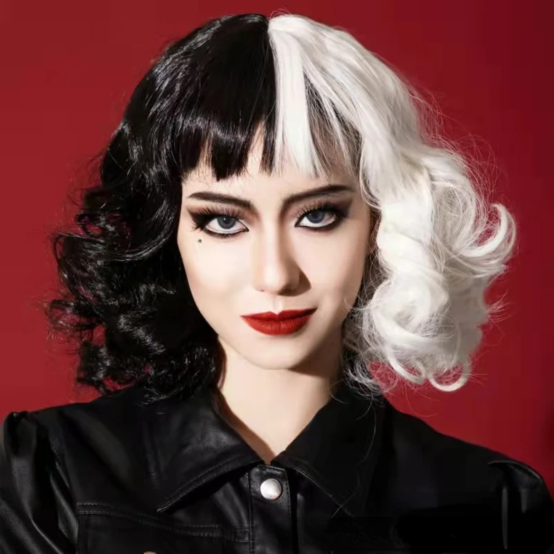 

Anime Half Black White Wig with Bangs Women Girls Short Curly Wavy Wig Devil Witch Hair Wigs Halloween Cosplay Costume Party Wig