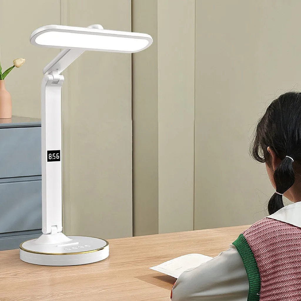 Eye Protection LED Clock Table Lamp USB Chargeable Dimmable Desk Lamp Plug-in LED Light Foldable Reading Night Light