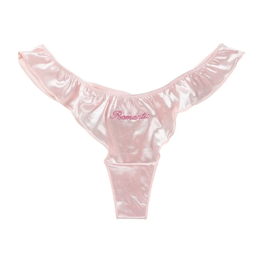 

Sweet Letter Satin Silk Ruffle Thong Embroidery Underpants Ice Silk Panties Female Lingerie Low Waist Briefs for Women Daily