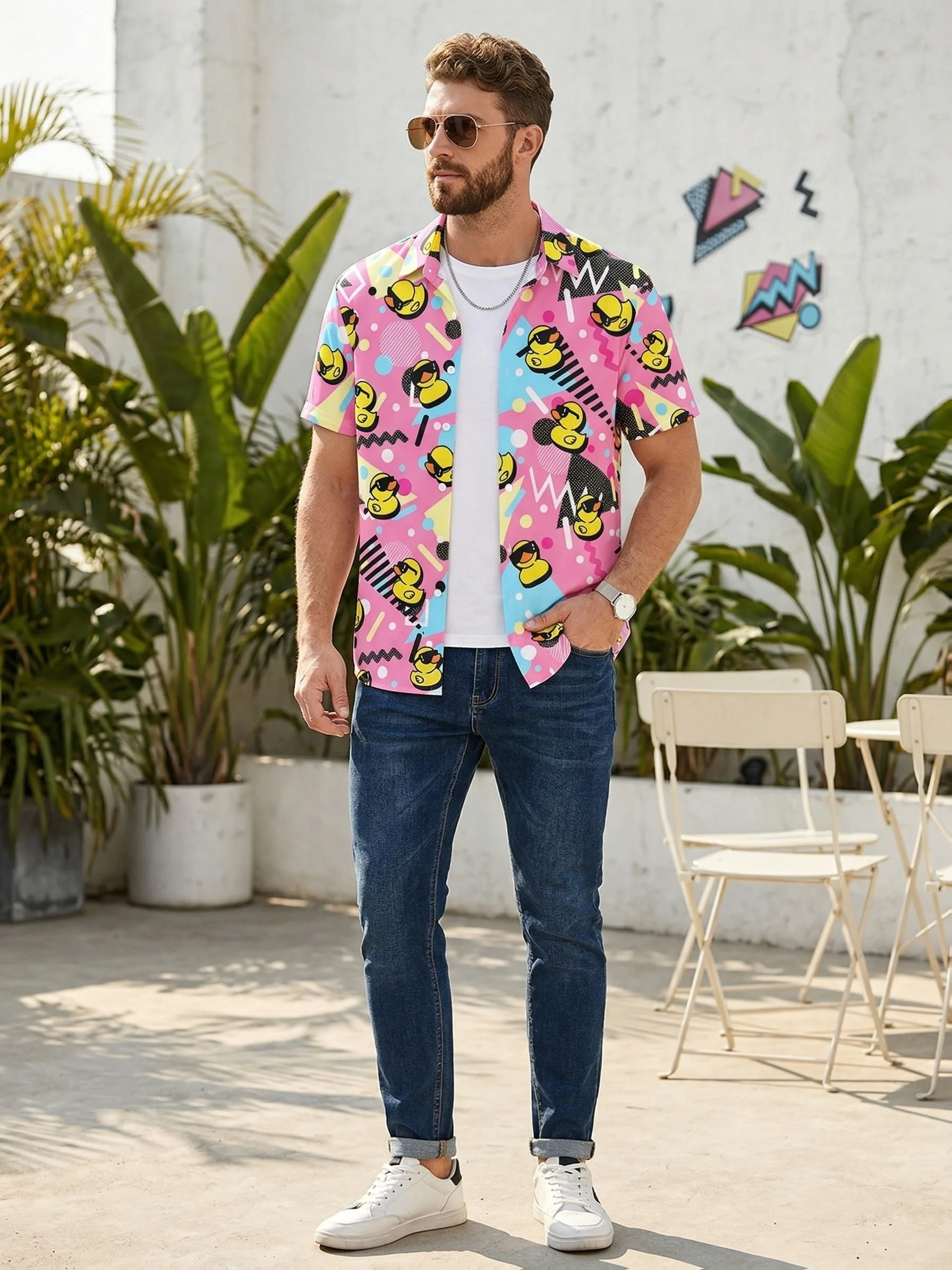 Hot Selling Top Cartoon Duck Print Hawaiian Shirt Men Short Sleeve Beach Top Cute Rubber Duck Graphic Casual Summer Beach Outfit