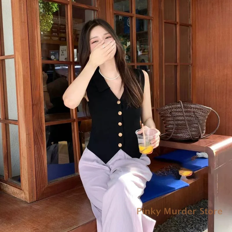 

1 Pc French Temperament V-neck Single Breasted Sleeveless Slim Knitted Vest For Women