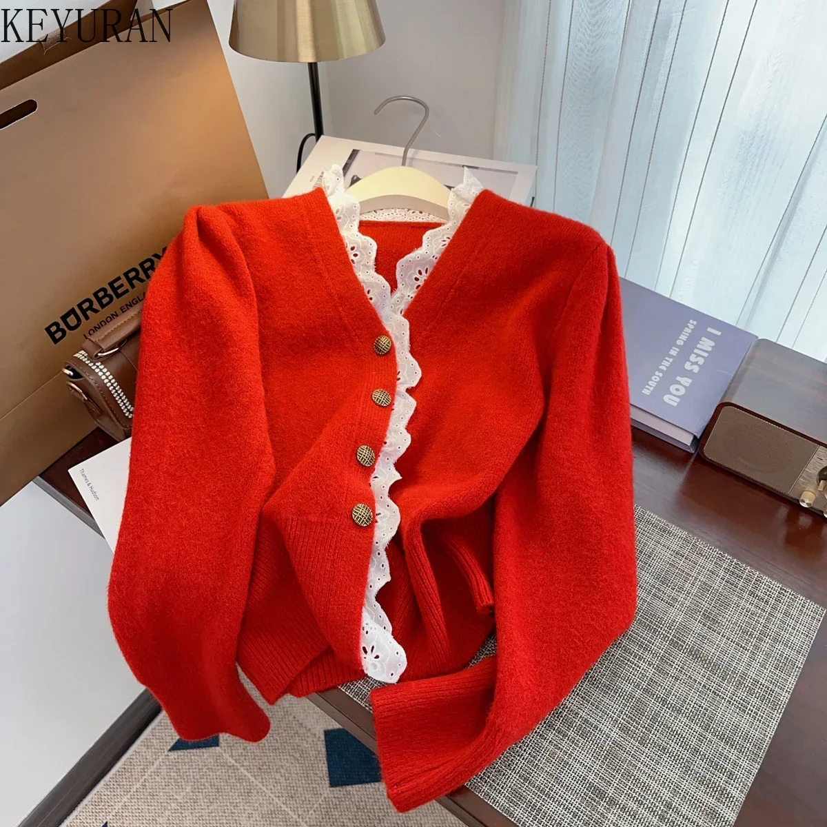 French Red Lace Sweater for Women Autumn Winter New Korean Fashion V-neck Long Sleeve Knitted Cardigan Cropped Tops femme Jumper