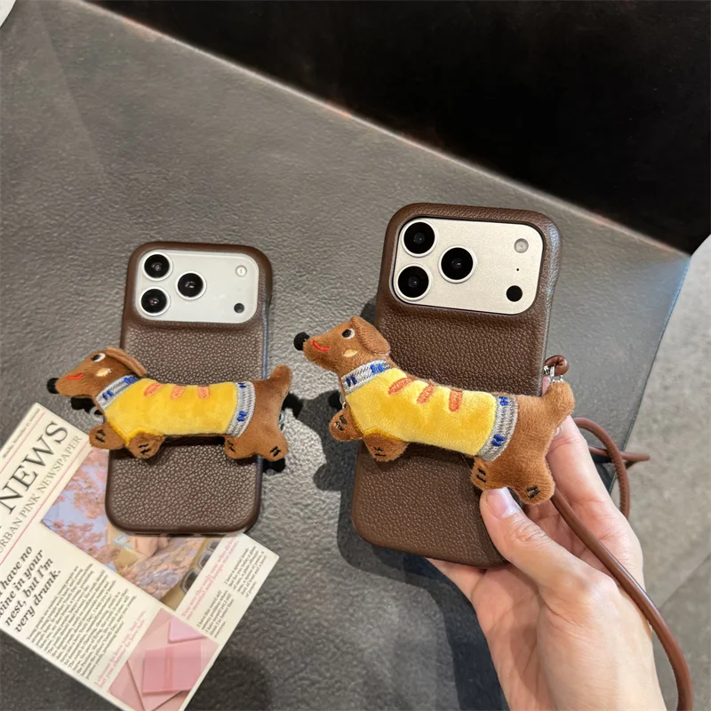 Fashion Simple Leather Phone Case For iPhone 17 Pro 16 15 14 Pro Max Cover with Cute Puppy Back Clip Lanyard Kawaii Cases 17Pro