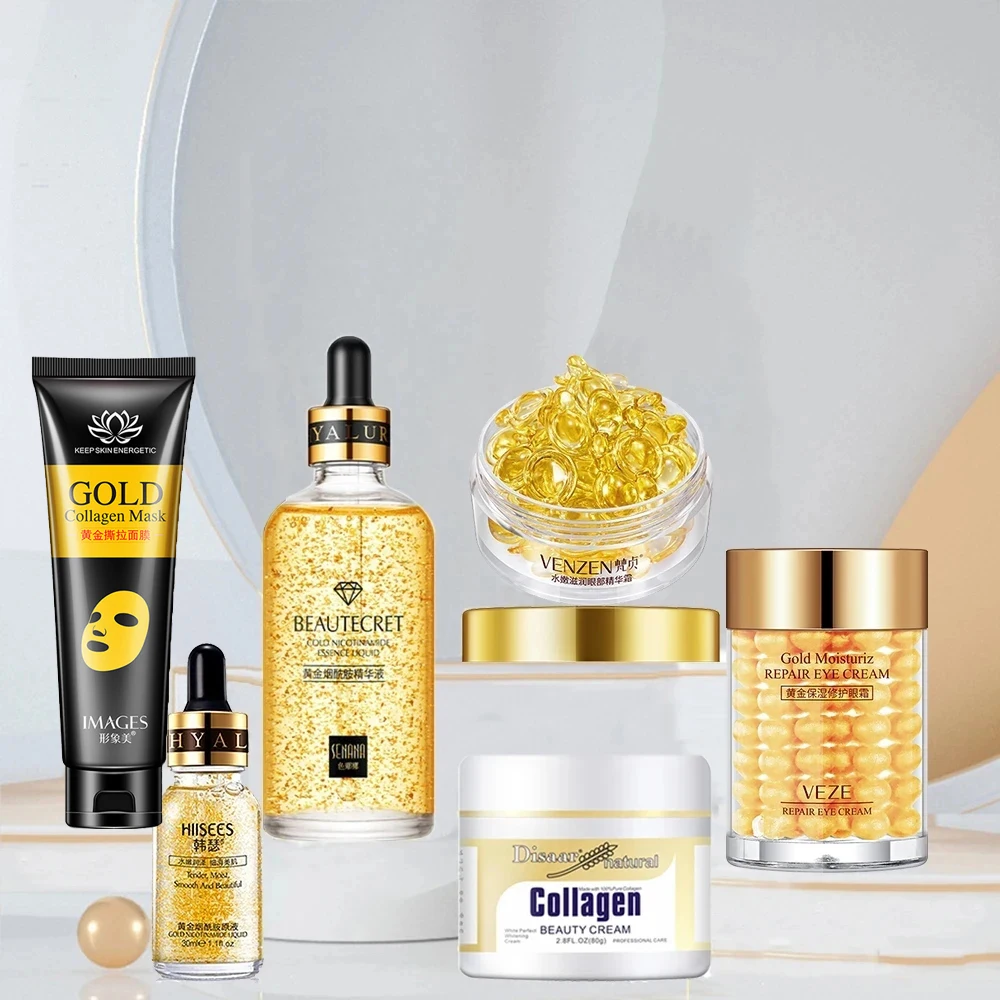 مجموعة العناية بالبشرة للوجه 24k الذهب الجمال الصحة ترطيب تقليص المسام علاج حب الشباب حمض الهيالورونيك جوهر منتجات الوجه عدة