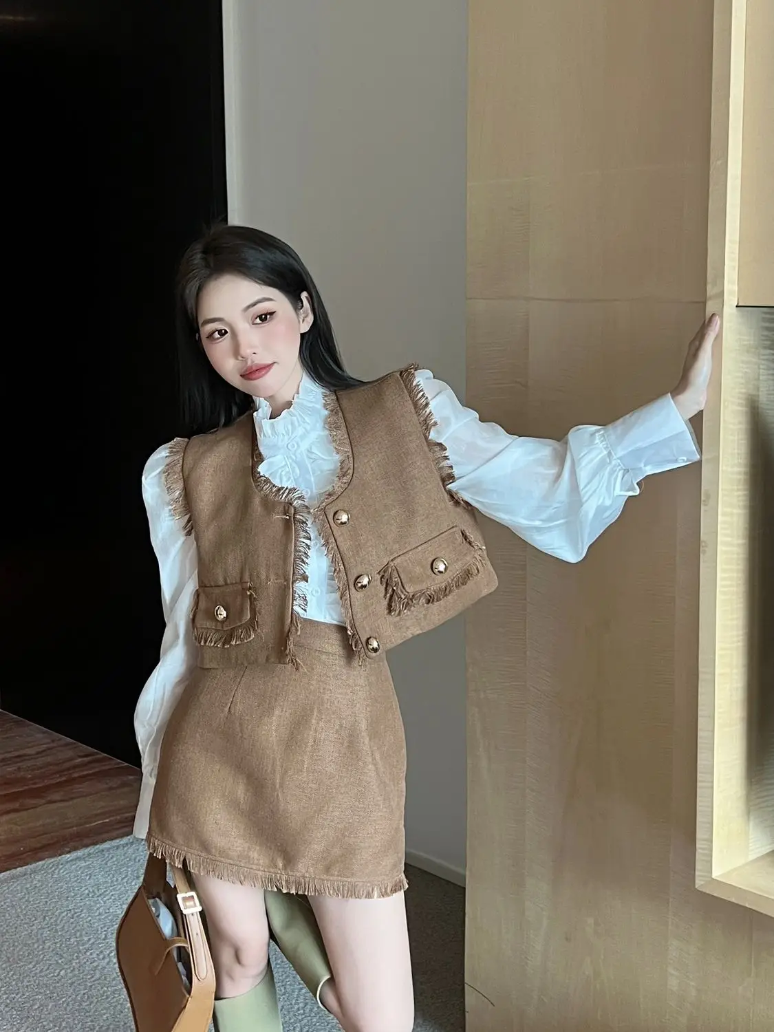 

French Elegant Autumn New Three Piece Skirt Sets Women Short Vest Tops + White Long Sleeve Shirt + High Waist A Line Mini Skirt
