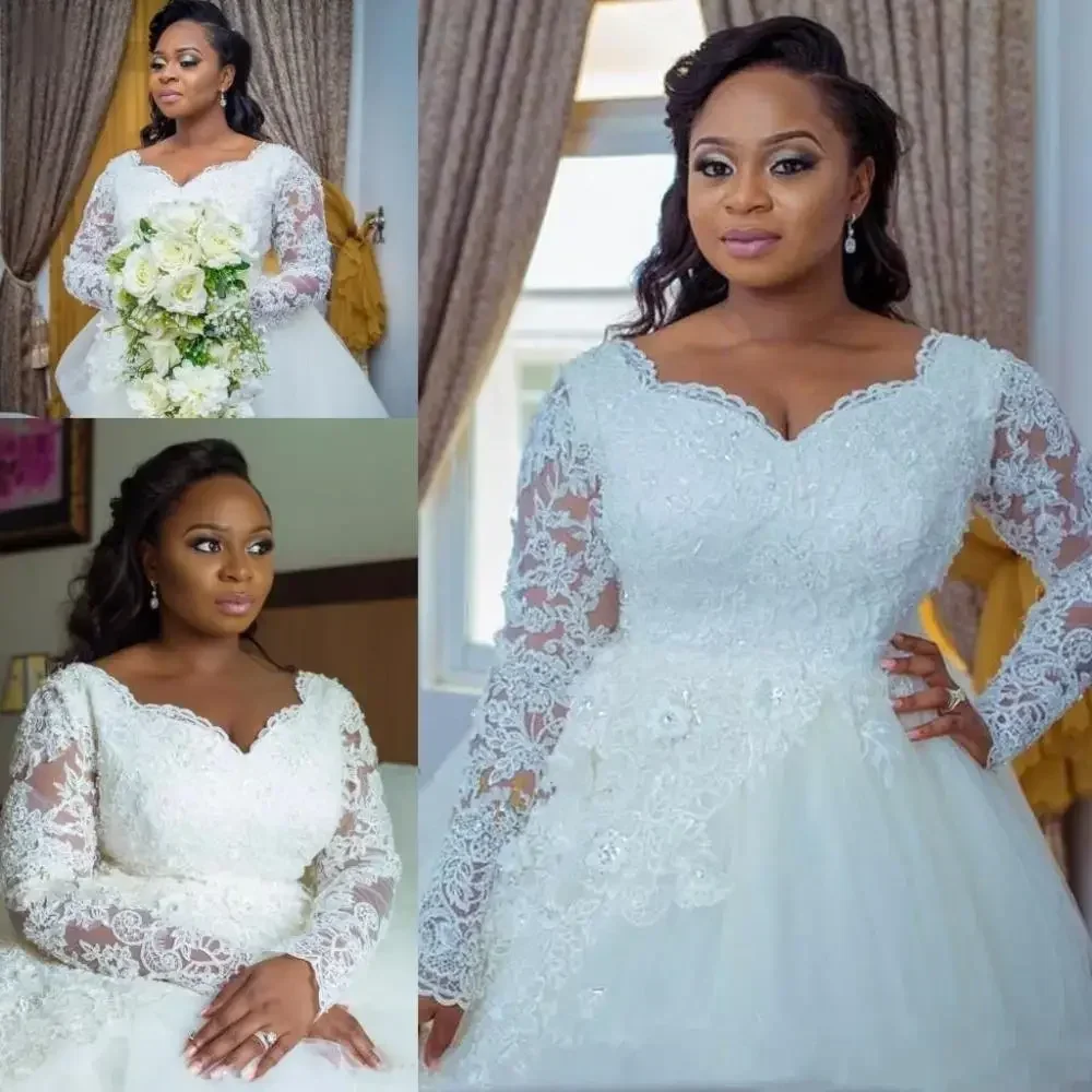 Customized African Wedding Dresses Plus Size Vestido Novia Long Sleeve Lace Appliques Bridal Gowns Robe De Marié